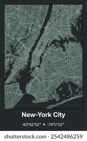 Editable vector poster map of New York City,New York, showcasing detailed street layouts, main roads, neighborhoods, and landmarks in Dark gray, Gray, Green, gray-green colors.