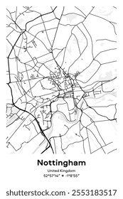 Editable vector poster map of Nottingham, United Kingdom, showcasing detailed street layouts, main roads, neighborhoods, and landmarks in Black, white, gray, BW colors.