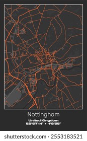 Editable vector poster map of Nottingham, United Kingdom, showcasing detailed street layouts, main roads, neighborhoods, and landmarks in Gray, Black, Orange colors.