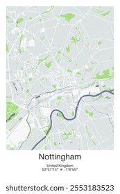 Mapa de pôster vetorial editável de Nottingham, Reino Unido, mostrando detalhados layouts de rua, principais estradas, bairros e pontos de referência em cores cinza, azul, verde, branco.