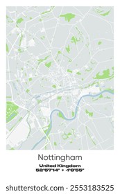 Editable vector poster map of Nottingham, United Kingdom, showcasing detailed street layouts, main roads, neighborhoods, and landmarks in Gray, white, green, blue colors.