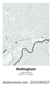 Mapa de pôster vetorial editável de Nottingham, Reino Unido, mostrando detalhados layouts de ruas, principais estradas, bairros e pontos de referência em cores cinzentas, pretas, brancas e brancas.