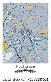 Mapa de pôster vetorial editável de Nottingham, Reino Unido, mostrando detalhados layouts de rua, principais estradas, bairros e pontos de referência em azul, cinza, amarelo, azeitona cores.