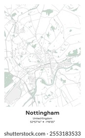 Mapa de pôster vetorial editável de Nottingham, Reino Unido, mostrando detalhados layouts de rua, principais estradas, bairros e pontos de referência em cores Pastel, Gray, White, Green.