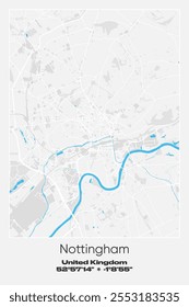 Mapa de pôster vetorial editável de Nottingham, Reino Unido, mostrando detalhados layouts de rua, estradas principais, bairros e pontos de referência em cores cinzentas, brancas e azuis.