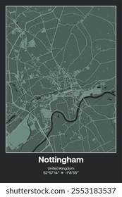 Editable vector poster map of Nottingham, United Kingdom, showcasing detailed street layouts, main roads, neighborhoods, and landmarks in Dark gray, Gray, Green, gray-green colors.