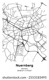 Editable vector poster map of Nuernberg, Germany, showcasing detailed street layouts, main roads, neighborhoods, and landmarks in Black, white, gray, BW colors.