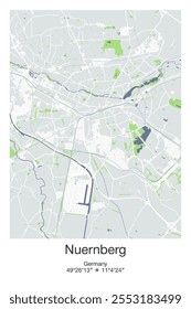 Editable vector poster map of Nuernberg, Germany, showcasing detailed street layouts, main roads, neighborhoods, and landmarks in Gray, Blue, Green, White colors.