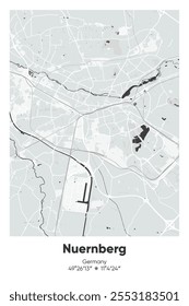 Mapa de pôster vetorial editável de Nuernberg, Alemanha, mostrando detalhados layouts de ruas, principais estradas, bairros e pontos de referência em cores cinzentas, pretas, brancas, azuis.