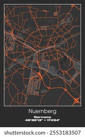 Editable vector poster map of Nuernberg, Germany, showcasing detailed street layouts, main roads, neighborhoods, and landmarks in Gray, Black, Orange colors.