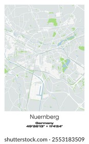 Mapa de pôster vetorial editável de Nuernberg, Alemanha, mostrando detalhados layouts de rua, estradas principais, bairros e pontos de referência em cores cinzentas, brancas, verdes, azuis.