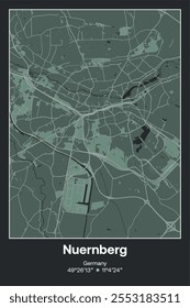 Editable vector poster map of Nuernberg, Germany, showcasing detailed street layouts, main roads, neighborhoods, and landmarks in Dark gray, Gray, Green, gray-green colors.