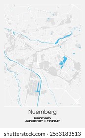 Editable vector poster map of Nuernberg, Germany, showcasing detailed street layouts, main roads, neighborhoods, and landmarks in Gray, white, blue colors.