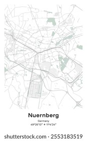 Mapa de pôster vetorial editável de Nuernberg, Alemanha, mostrando detalhados layouts de rua, estradas principais, bairros e pontos de referência em cores Pastel, Cinza, Branco, Verde.