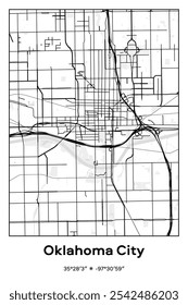 Editable vector poster map of Oklahoma City Center,Oklahoma, showcasing detailed street layouts, main roads, neighborhoods, and landmarks in Black, white, gray colors.