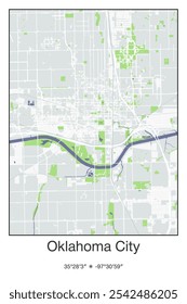 Editable vector poster map of Oklahoma City Center,Oklahoma, showcasing detailed street layouts, main roads, neighborhoods, and landmarks in Gray, Blue, Green, White colors.
