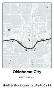 Editable vector poster map of Oklahoma City Center,Oklahoma, showcasing detailed street layouts, main roads, neighborhoods, and landmarks in Gray, Black, White colors.