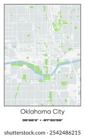 Mapa editável de pôster vetorial do Oklahoma City Center, Oklahoma, mostrando detalhados layouts de ruas, principais estradas, bairros e pontos de referência em cores cinzentas, brancas, verdes e azuis.