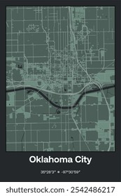 Editable vector poster map of Oklahoma City Center,Oklahoma, showcasing detailed street layouts, main roads, neighborhoods, and landmarks in Dark gray, Gray, Green, gray-green colors.