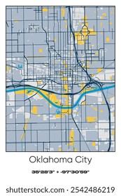 Mapa editável de pôster vetorial do Oklahoma City Center, Oklahoma, mostrando detalhados layouts de ruas, principais estradas, bairros e pontos de referência em azul, cinza, amarelo, azeitona cores.