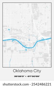 Editable vector poster map of Oklahoma City Center,Oklahoma, showcasing detailed street layouts, main roads, neighborhoods, and landmarks in Gray, white, blue colors.