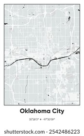 Editable vector poster map of Oklahoma City,Oklahoma, showcasing detailed street layouts, main roads, neighborhoods, and landmarks in Gray, Black, White colors.