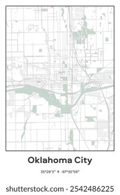 Editable vector poster map of Oklahoma City Center,Oklahoma, showcasing detailed street layouts, main roads, neighborhoods, and landmarks in Pastel, Gray, White, Green colors.