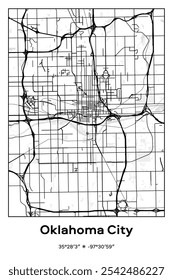 Editable vector poster map of Oklahoma City,Oklahoma, showcasing detailed street layouts, main roads, neighborhoods, and landmarks in Black, white, gray colors.