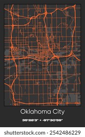 Editable vector poster map of Oklahoma City,Oklahoma, showcasing detailed street layouts, main roads, neighborhoods, and landmarks in Gray, Black, Orange colors.