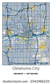 Editable vector poster map of Oklahoma City,Oklahoma, showcasing detailed street layouts, main roads, neighborhoods, and landmarks in Blue, Gray, Yellow, Olive colors.