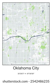 Editable vector poster map of Oklahoma City,Oklahoma, showcasing detailed street layouts, main roads, neighborhoods, and landmarks in Gray, Blue, Green, White colors.