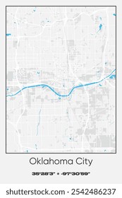Editable vector poster map of Oklahoma City,Oklahoma, showcasing detailed street layouts, main roads, neighborhoods, and landmarks in Gray, white, blue colors.