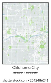 Editable vector poster map of Oklahoma City,Oklahoma, showcasing detailed street layouts, main roads, neighborhoods, and landmarks in Gray, white, green, blue colors.