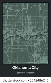 Editable vector poster map of Oklahoma City,Oklahoma, showcasing detailed street layouts, main roads, neighborhoods, and landmarks in Dark gray, Gray, Green, gray-green colors.