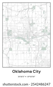 Editable vector poster map of Oklahoma City,Oklahoma, showcasing detailed street layouts, main roads, neighborhoods, and landmarks in Pastel, Gray, White, Green colors.
