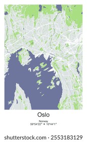 Mapa de carteles de Vector editable de Oslo, Noruega, que muestra diseños detallados de calles, carreteras principales, vecindarios y Lugares famosos en colores gris, azul, verde y blanco.