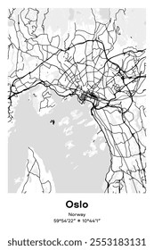 Mapa de pôster vetorial editável de Oslo, Noruega, mostrando detalhados layouts de ruas, principais estradas, bairros e pontos de referência em preto, branco, cinza, BW cores.