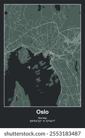 Editable vector poster map of Oslo, Norway, showcasing detailed street layouts, main roads, neighborhoods, and landmarks in Dark gray, Gray, Green, gray-green colors.