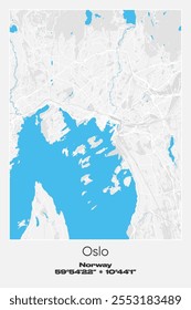 Mapa de carteles de Vector editable de Oslo, Noruega, que muestra diseños detallados de calles, carreteras principales, vecindarios y Lugares famosos en colores gris, blanco y azul.