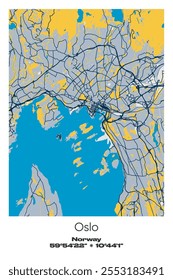 Editable vector poster map of Oslo, Norway, showcasing detailed street layouts, main roads, neighborhoods, and landmarks in Blue, Gray, Yellow, Olive colors.