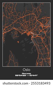 Mapa de carteles de Vector editable de Oslo, Noruega, que muestra diseños detallados de calles, carreteras principales, vecindarios y Lugares famosos en colores gris, negro y naranja.