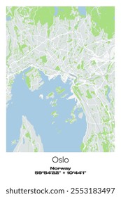 Mapa de carteles de Vector editable de Oslo, Noruega, que muestra diseños detallados de calles, carreteras principales, vecindarios y Lugares famosos en colores gris, blanco, verde y azul.