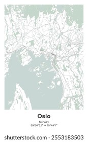 Mapa de carteles de Vector editable de Oslo, Noruega, que muestra diseños detallados de calles, carreteras principales, vecindarios y Lugares famosos en colores pastel, gris, blanco y verde.