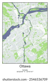 Editable vector poster map of Ottawa, Canada, showcasing detailed street layouts, main roads, neighborhoods, and landmarks in Gray, Blue, Green, White colors.