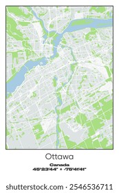 Editable vector poster map of Ottawa, Canada, showcasing detailed street layouts, main roads, neighborhoods, and landmarks in Gray, white, green, blue colors.