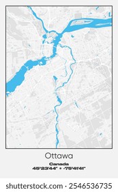 Mapa de pôster vetorial editável de Ottawa, Canadá, mostrando detalhados layouts de rua, estradas principais, bairros e pontos de referência em cores cinzentas, brancas e azuis.