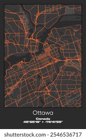 Editable vector poster map of Ottawa2, Canada, showcasing detailed street layouts, main roads, neighborhoods, and landmarks in Gray, Black, Orange colors.
