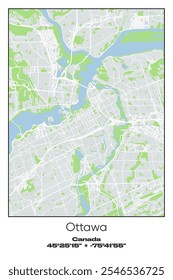 Editable vector poster map of Ottawa2, Canada, showcasing detailed street layouts, main roads, neighborhoods, and landmarks in Gray, white, green, blue colors.