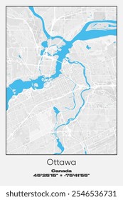 Editable vector poster map of Ottawa2, Canada, showcasing detailed street layouts, main roads, neighborhoods, and landmarks in Gray, white, blue colors.