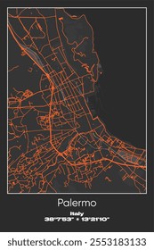 Editable vector poster map of Palermo, Italy, showcasing detailed street layouts, main roads, neighborhoods, and landmarks in Gray, Black, Orange colors.